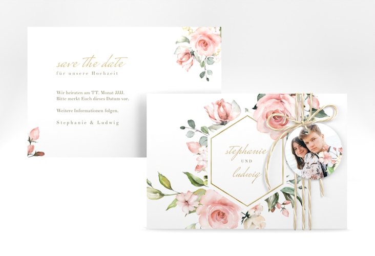 Save the Date-Karte Graceful A6 Karte quer weiss gold mit Rosenblüten in Rosa und Weiß