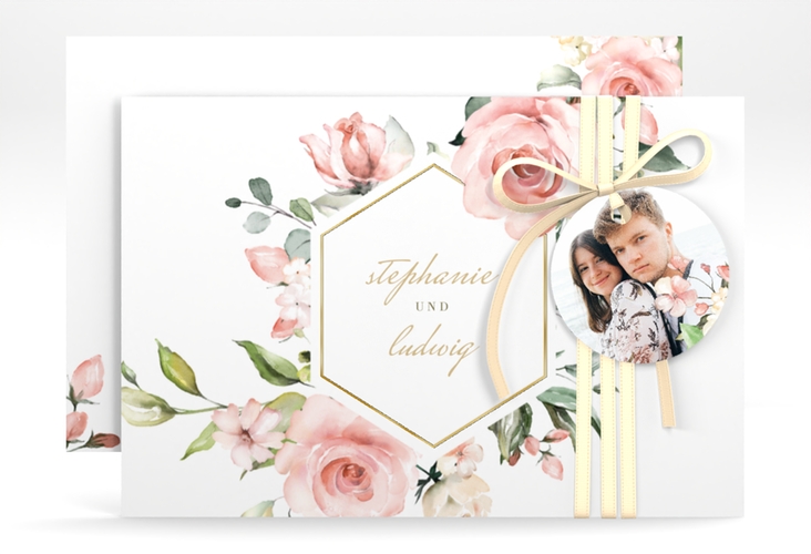 Save the Date-Karte Graceful A6 Karte quer weiss gold mit Rosenblüten in Rosa und Weiß