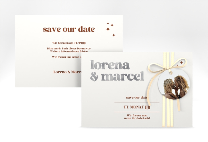 Save the Date-Karte Retro A6 Karte quer weiss silber