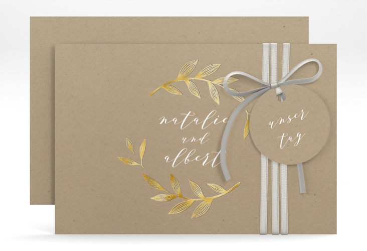 Save the Date-Karte Naturelove A6 Karte quer weiss gold in Kraftpapier-Optik mit Blattzeichnung