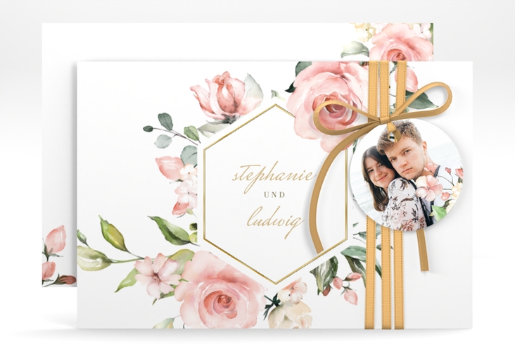 Save the Date-Karte Graceful A6 Karte quer weiss gold mit Rosenblüten in Rosa und Weiß