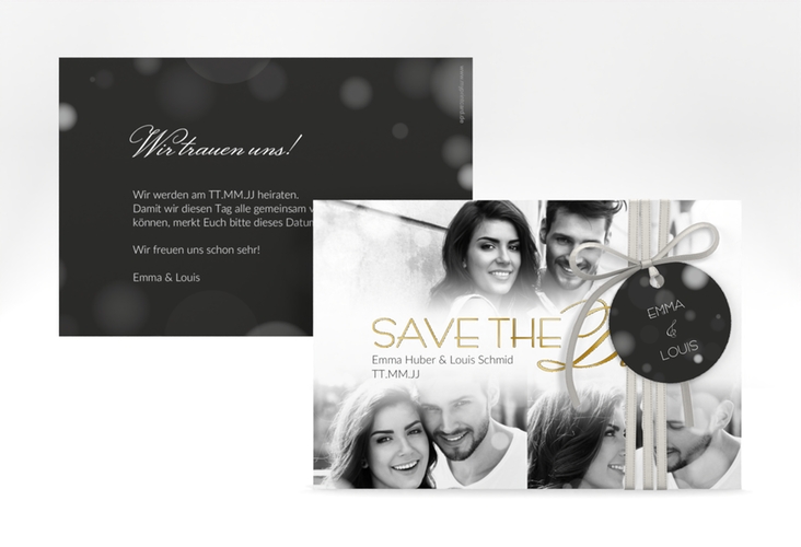 Save the Date-Karte Bokeh A6 Karte quer weiss gold