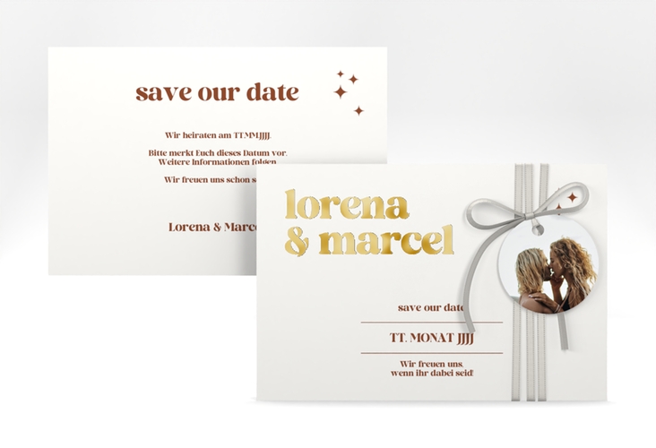 Save the Date-Karte Retro A6 Karte quer weiss gold