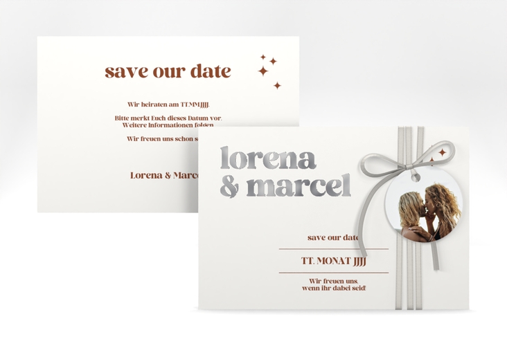 Save the Date-Karte Retro A6 Karte quer weiss silber