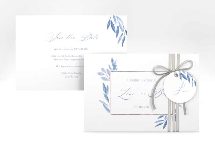 Save the Date-Karte Classicblue A6 Karte quer weiss rosegold