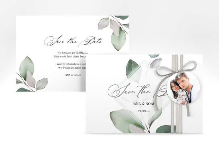 Save the Date-Karte Foglia A6 Karte quer weiss silber edel mit Eukalyptus im Aquarell-Design