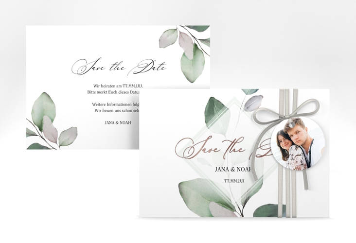 Save the Date-Karte Foglia A6 Karte quer weiss rosegold edel mit Eukalyptus im Aquarell-Design