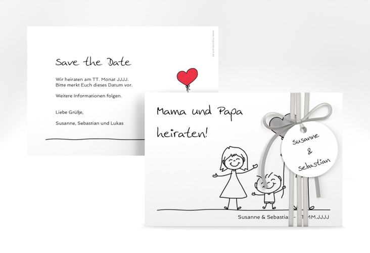 Save the Date-Karte Family A6 Karte quer weiss silber