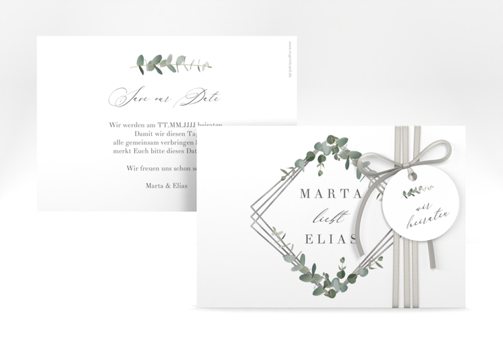 Save the Date-Karte Eukalyptus A6 Karte quer weiss silber