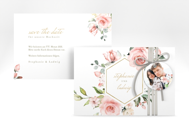 Save the Date-Karte Graceful A6 Karte quer weiss gold mit Rosenblüten in Rosa und Weiß