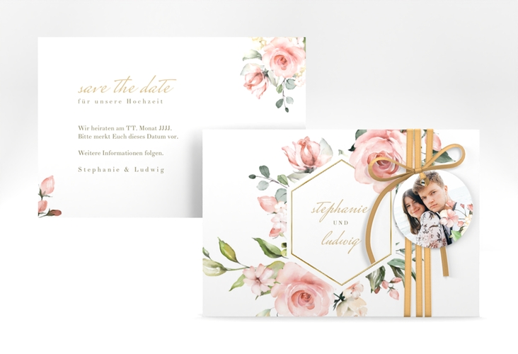 Save the Date-Karte Graceful A6 Karte quer weiss gold mit Rosenblüten in Rosa und Weiß