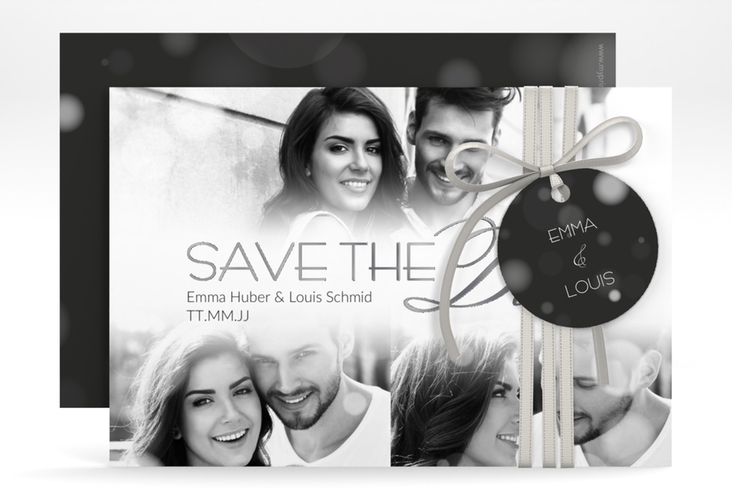 Save the Date-Karte Bokeh A6 Karte quer weiss silber