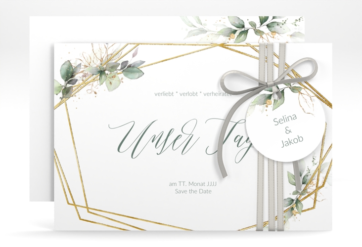 Save the Date-Karte Greenish A6 Karte quer gruen gold