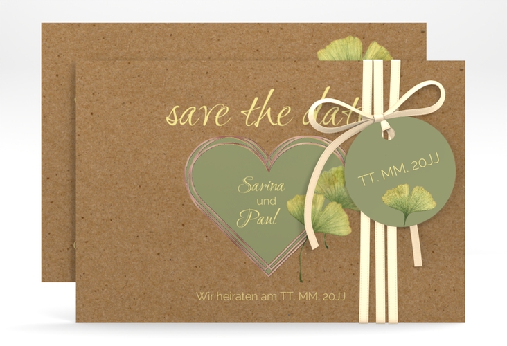 Save the Date-Karte Ginko A6 Karte quer Kraftpapier rosegold mit Herz und zwei Ginkgo-Blättern