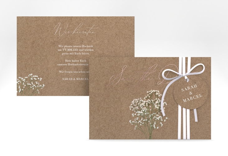 Save the Date-Karte Schleierkraut A6 Karte quer Kraftpapier rosegold