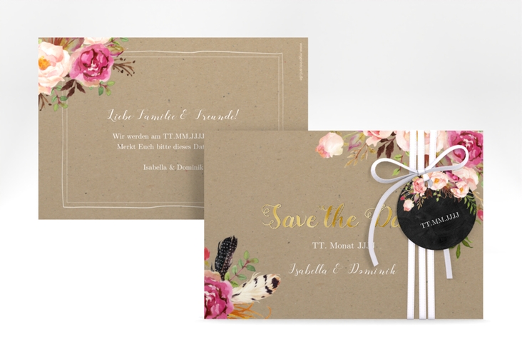 Save the Date-Karte Flowers A6 Karte quer Kraftpapier gold mit bunten Aquarell-Blumen