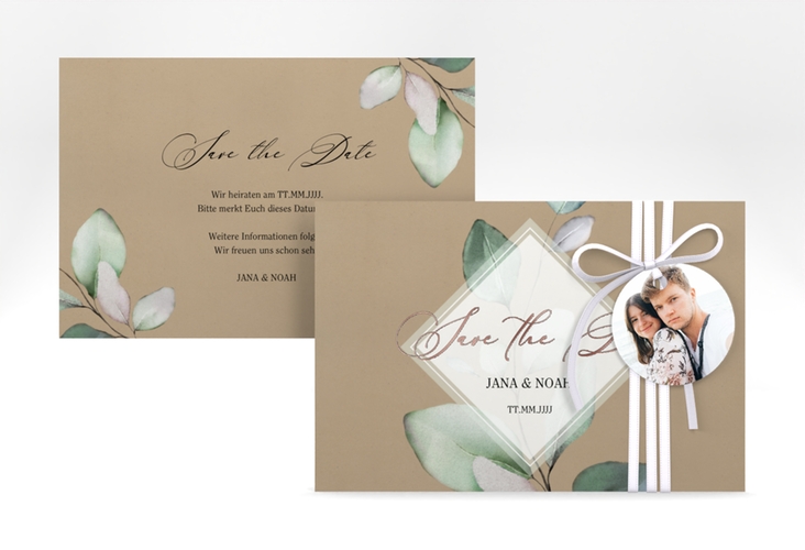 Save the Date-Karte Foglia A6 Karte quer Kraftpapier rosegold edel mit Eukalyptus im Aquarell-Design