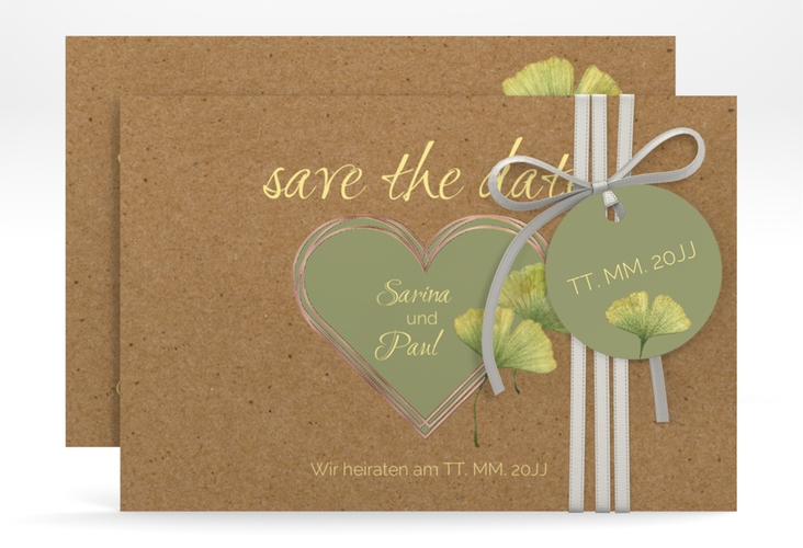 Save the Date-Karte Ginko A6 Karte quer Kraftpapier rosegold mit Herz und zwei Ginkgo-Blättern