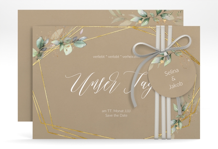 Save the Date-Karte Greenish A6 Karte quer Kraftpapier gold