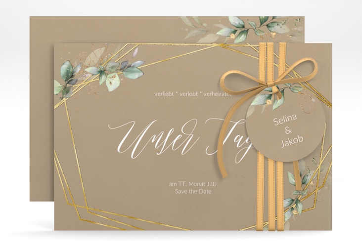 Save the Date-Karte Greenish A6 Karte quer Kraftpapier gold