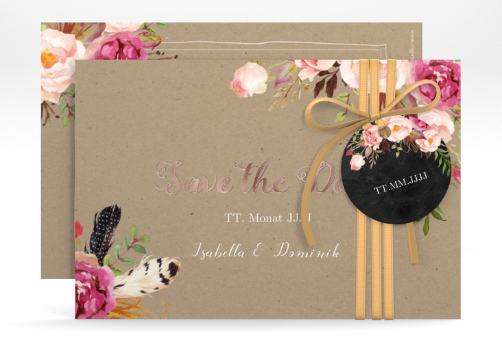 Save the Date-Karte Flowers A6 Karte quer Kraftpapier rosegold mit bunten Aquarell-Blumen