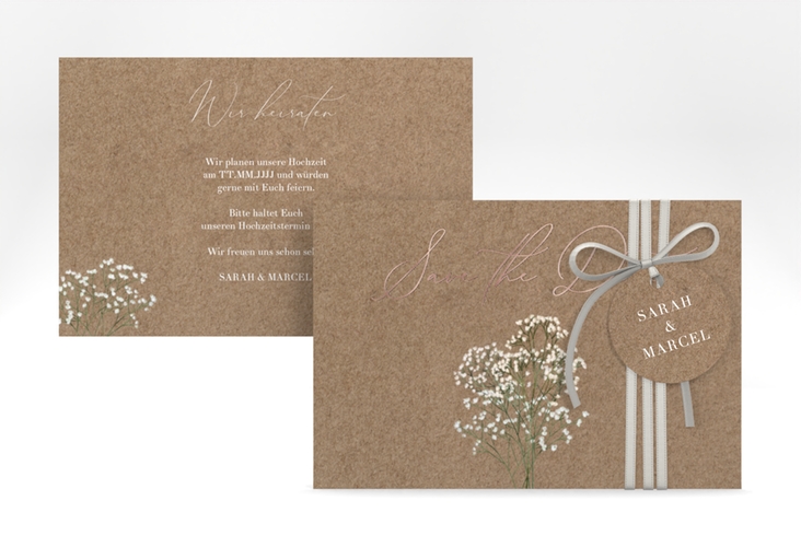 Save the Date-Karte Schleierkraut A6 Karte quer Kraftpapier rosegold