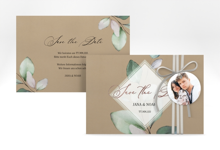 Save the Date-Karte Foglia A6 Karte quer Kraftpapier rosegold edel mit Eukalyptus im Aquarell-Design