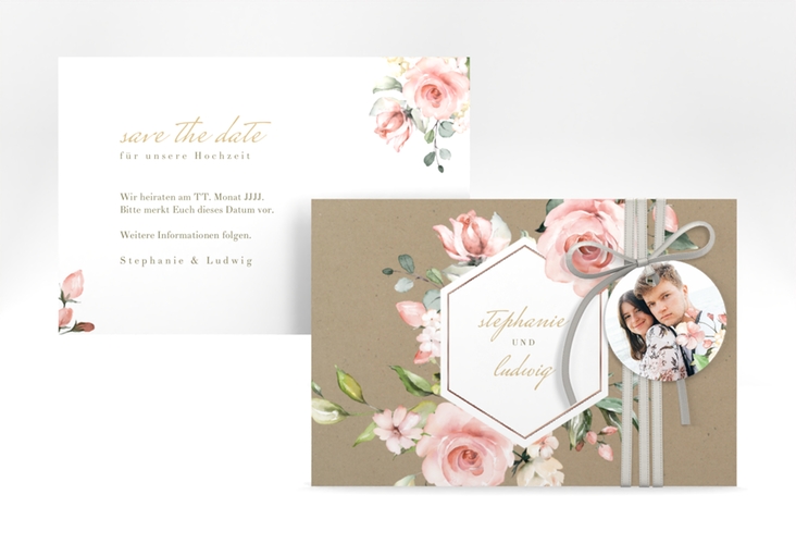 Save the Date-Karte Graceful A6 Karte quer Kraftpapier rosegold mit Rosenblüten in Rosa und Weiß