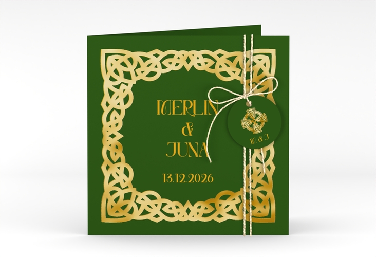 Hochzeitseinladung Celtic quadr. Klappkarte gold mit keltischem Knoten in irischen Farben