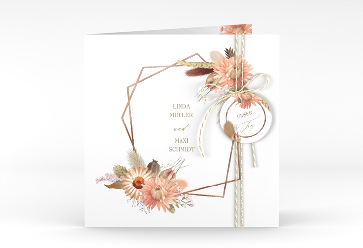 Hochzeitseinladung Strohblume quadr. Klappkarte rosegold