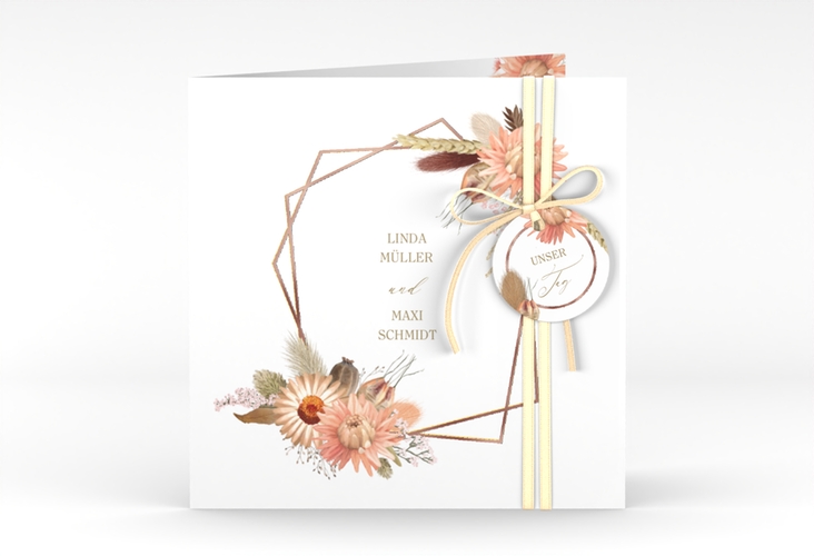 Hochzeitseinladung Strohblume quadr. Klappkarte rosegold