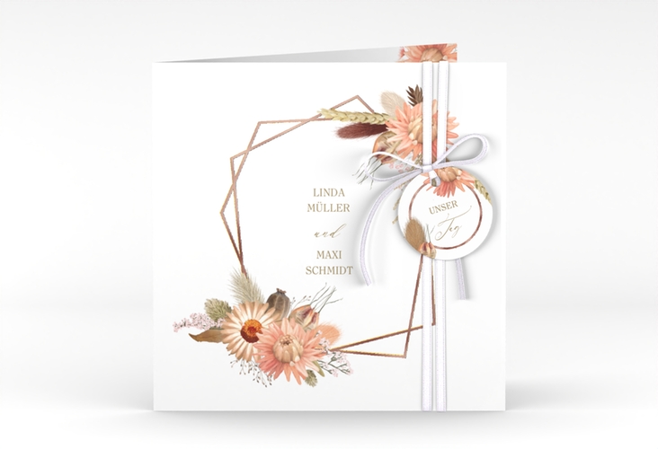 Hochzeitseinladung Strohblume quadr. Klappkarte rosegold