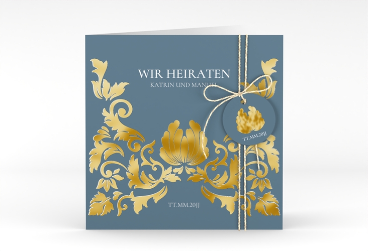 Hochzeitseinladung Royal quadr. Klappkarte gold mit barockem Blumen-Ornament