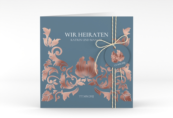 Hochzeitseinladung Royal quadr. Klappkarte rosegold mit barockem Blumen-Ornament