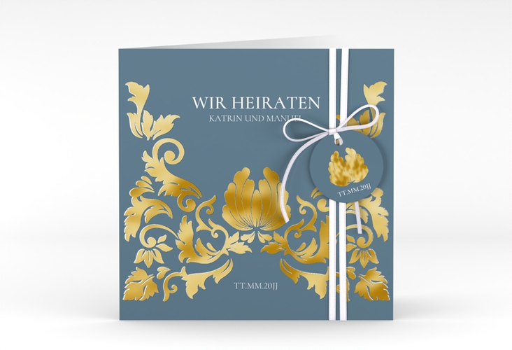 Hochzeitseinladung Royal quadr. Klappkarte gold mit barockem Blumen-Ornament