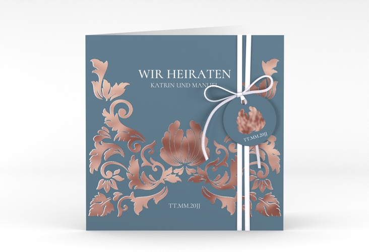 Hochzeitseinladung Royal quadr. Klappkarte rosegold mit barockem Blumen-Ornament