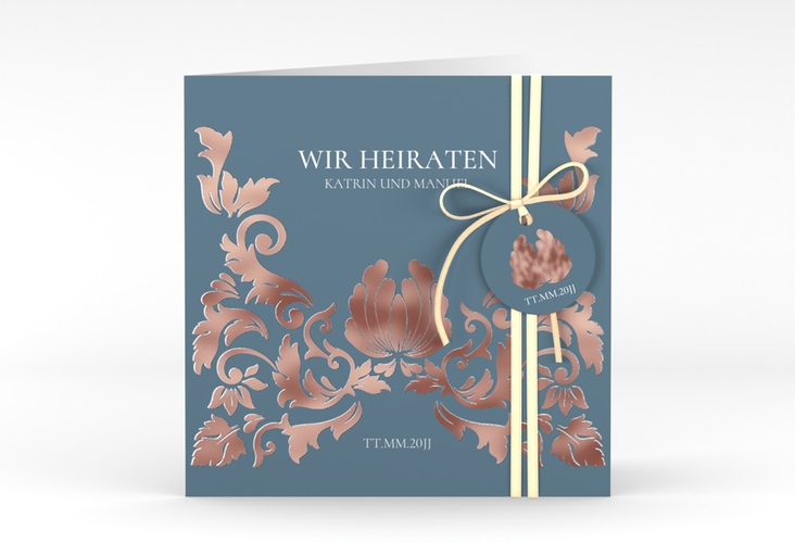 Hochzeitseinladung Royal quadr. Klappkarte rosegold mit barockem Blumen-Ornament