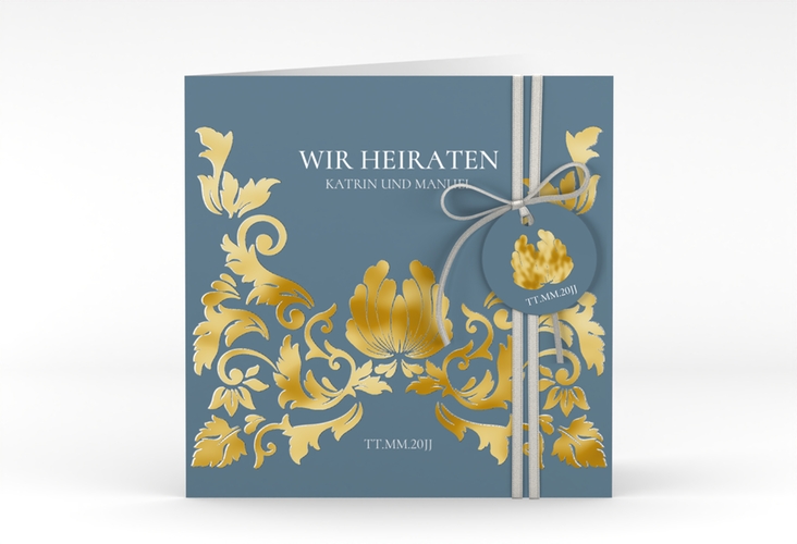 Hochzeitseinladung Royal quadr. Klappkarte gold mit barockem Blumen-Ornament