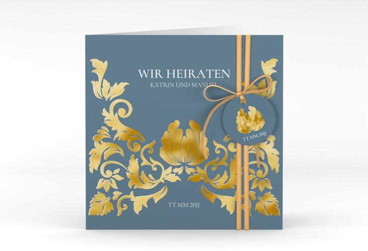 Hochzeitseinladung Royal quadr. Klappkarte gold mit barockem Blumen-Ornament