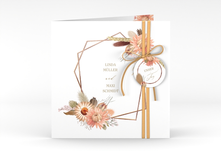 Hochzeitseinladung Strohblume quadr. Klappkarte rosegold