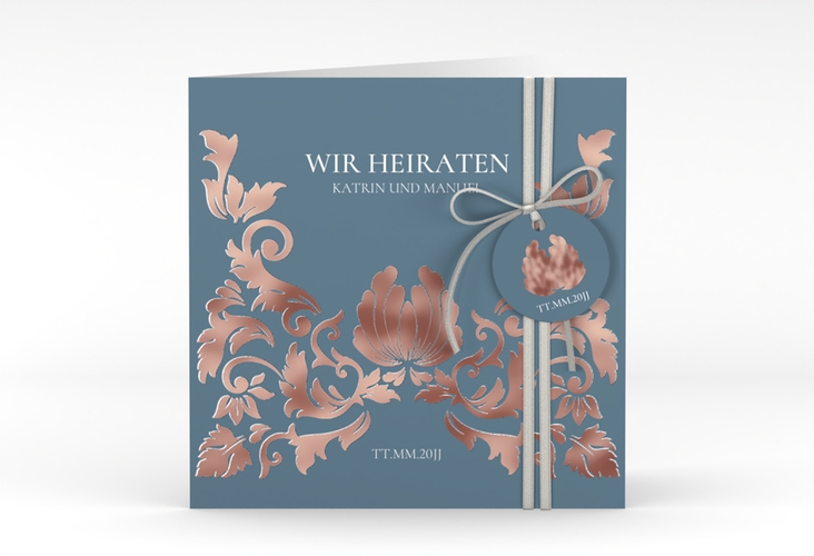 Hochzeitseinladung Royal quadr. Klappkarte rosegold mit barockem Blumen-Ornament