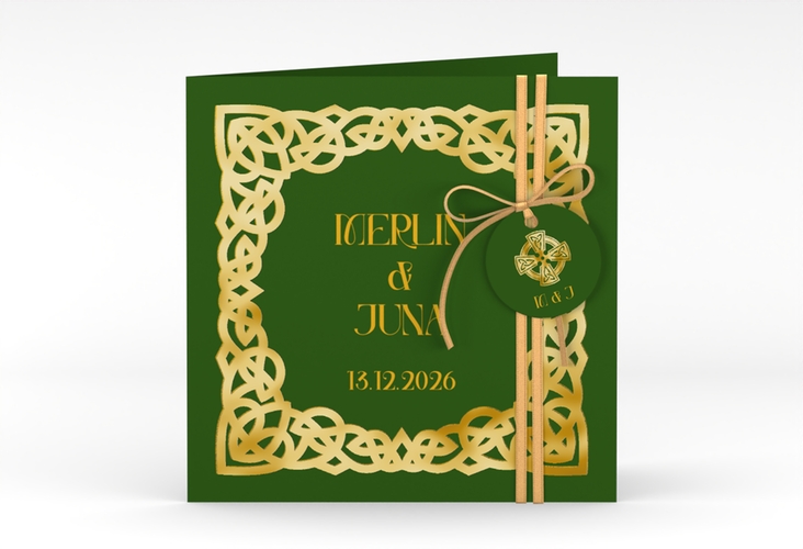 Hochzeitseinladung Celtic quadr. Klappkarte gold mit keltischem Knoten in irischen Farben