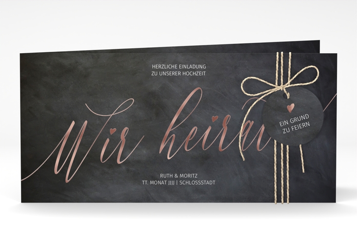 Hochzeitseinladung Chalkboard lange Klappkarte quer rosegold mit Folienveredelung