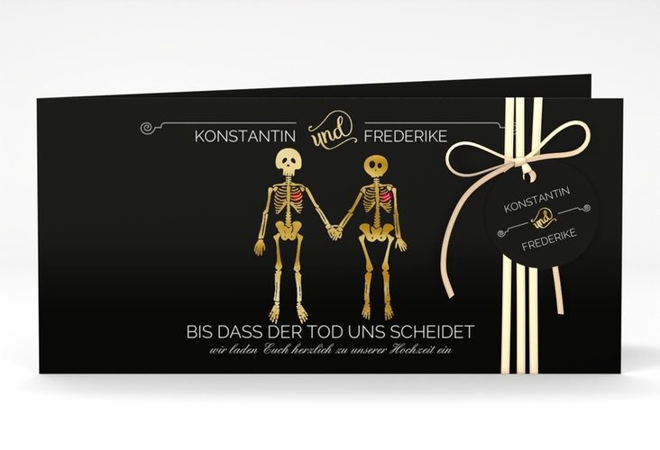 Hochzeitseinladung Bones lange Klappkarte quer gold