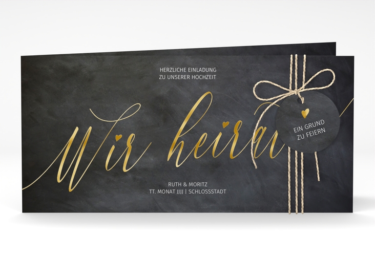 Hochzeitseinladung Chalkboard lange Klappkarte quer gold mit Folienveredelung