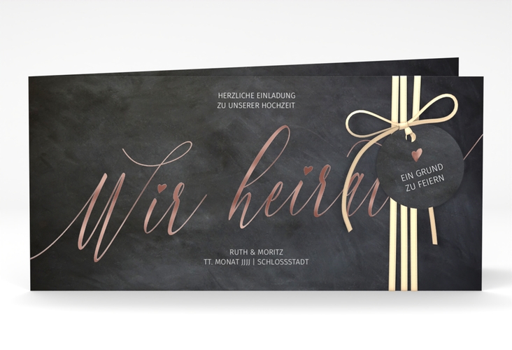 Hochzeitseinladung Chalkboard lange Klappkarte quer rosegold mit Folienveredelung