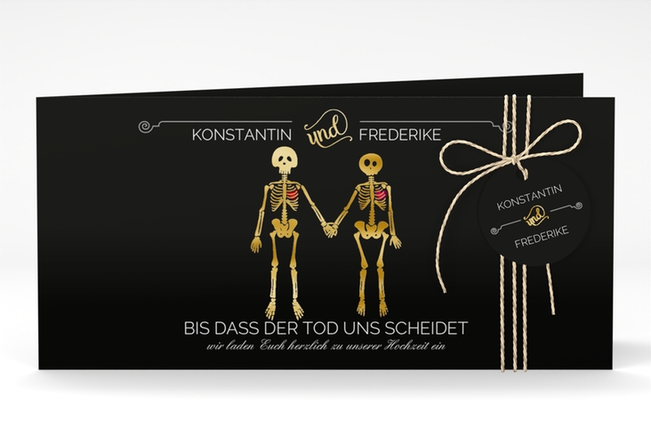 Hochzeitseinladung Bones lange Klappkarte quer gold