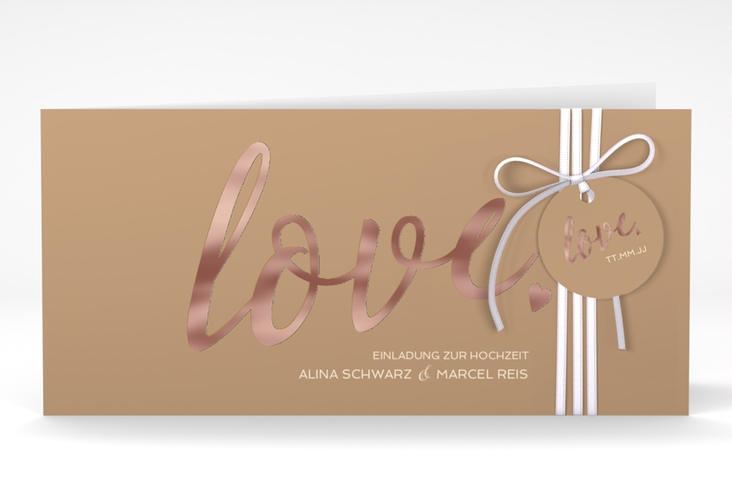 Hochzeitseinladung Glam lange Klappkarte quer rosegold