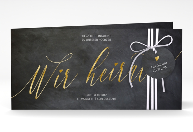 Hochzeitseinladung Chalkboard lange Klappkarte quer gold mit Folienveredelung