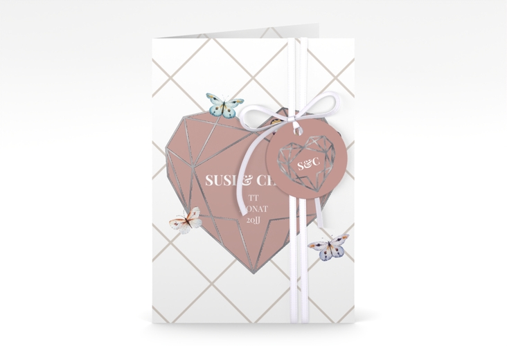 Einladungskarte Hochzeit Butterfly A6 Klappkarte hoch silber mit Schmetterlingen und Herz im Geometric Design